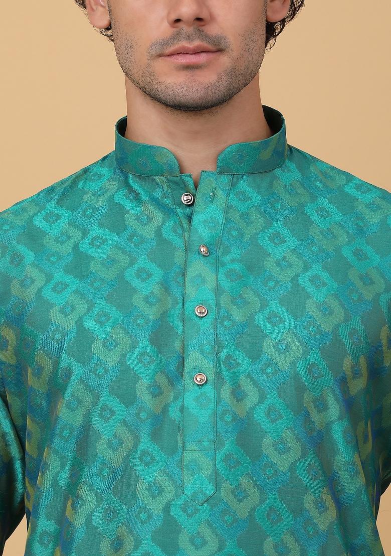 Green Woven Design Silk Blend Kurta For Men