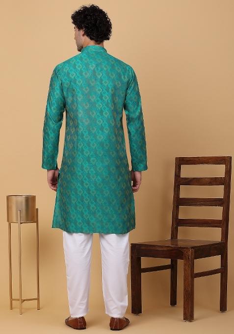 Green Woven Design Silk Blend Kurta For Men