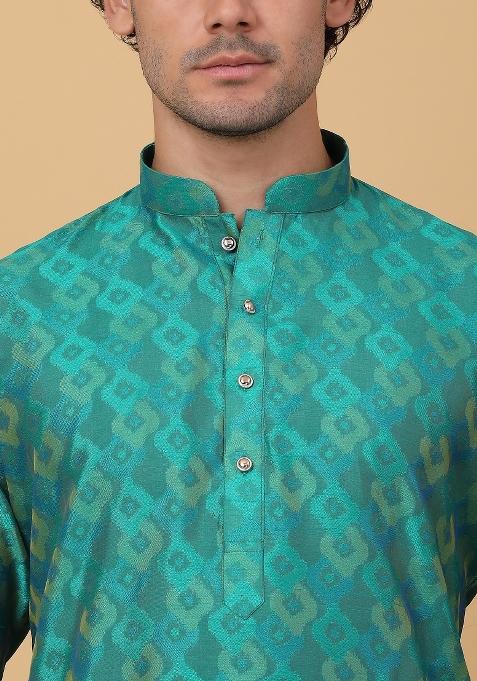 Green Woven Design Silk Blend Kurta For Men