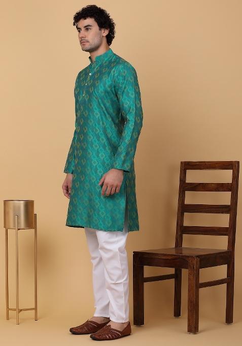 Green Woven Design Silk Blend Kurta For Men