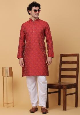 Maroon Woven Design Silk Blend Kurta For Men