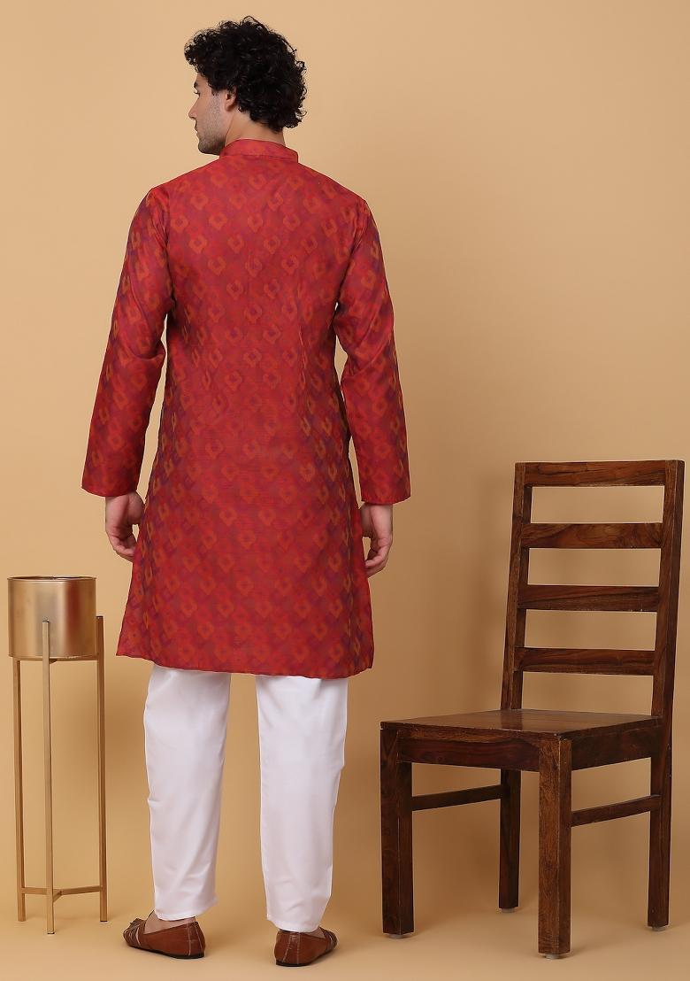 Maroon Woven Design Silk Blend Kurta For Men