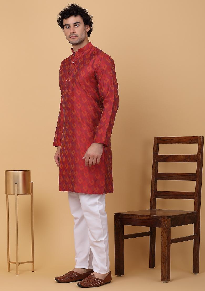 Maroon Woven Design Silk Blend Kurta For Men