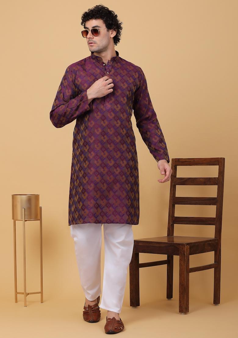 Purple Woven Design Silk Blend Kurta For Men