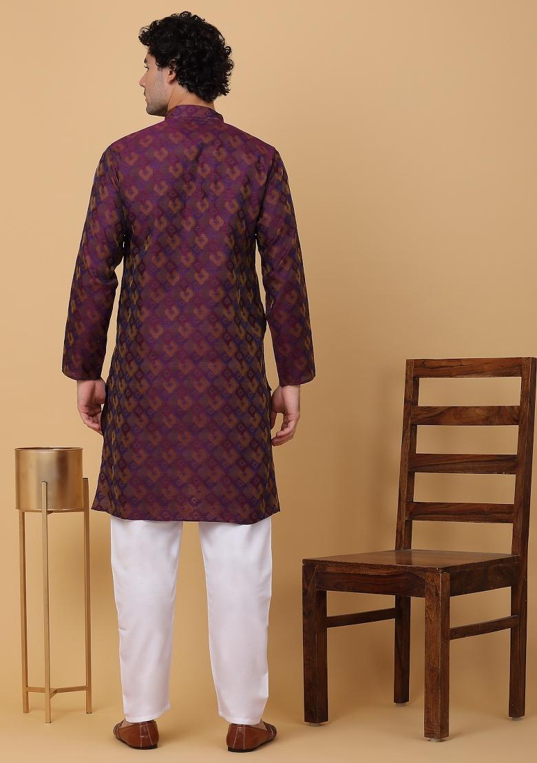 Purple Woven Design Silk Blend Kurta For Men
