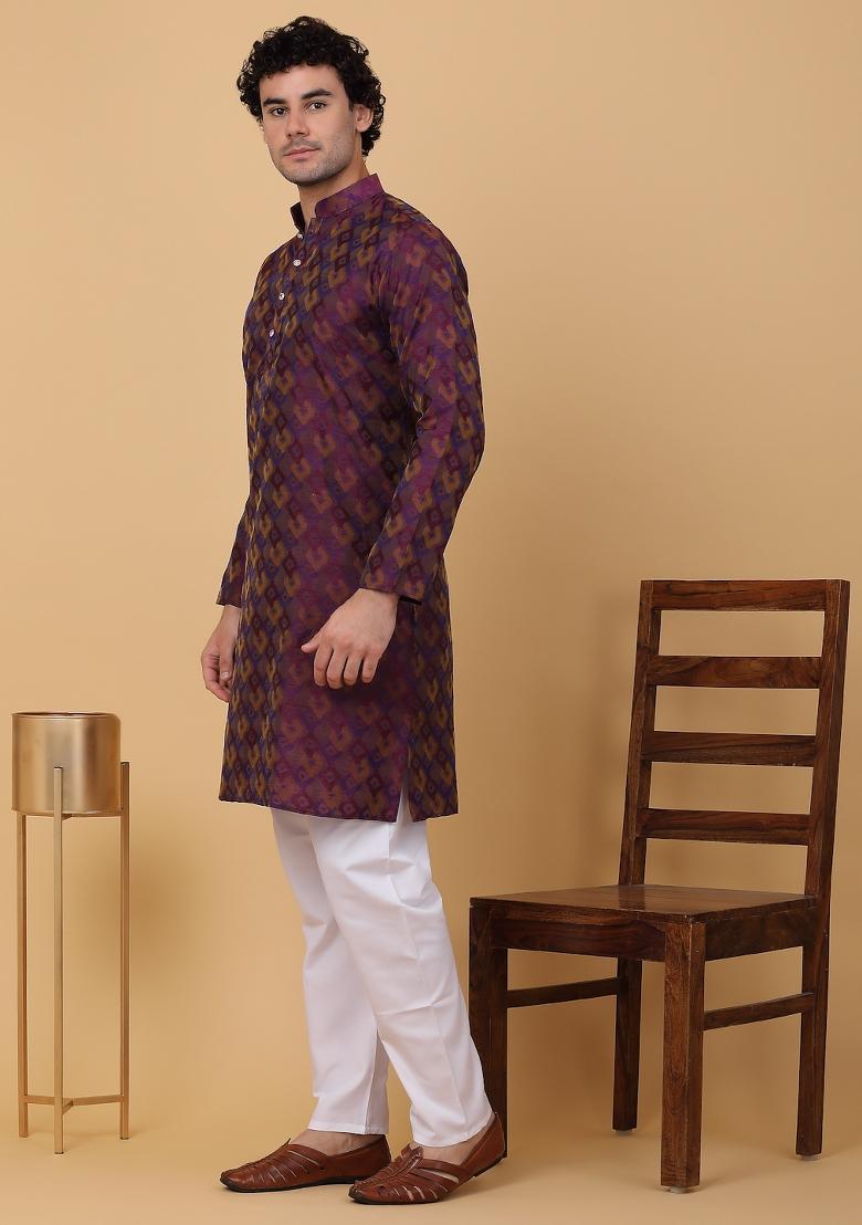 Purple Woven Design Silk Blend Kurta For Men