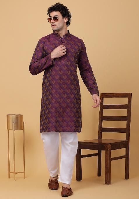 Purple Woven Design Silk Blend Kurta For Men