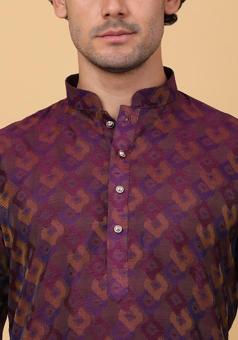 Purple Woven Design Silk Blend Kurta For Men