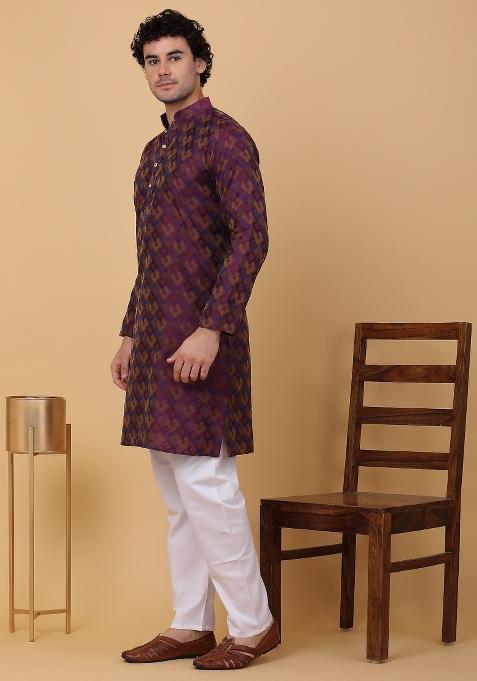 Purple Woven Design Silk Blend Kurta For Men