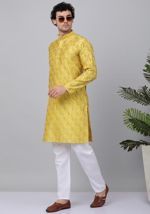 Yellow Woven Design Silk Blend Kurta For Men