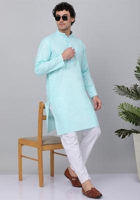 Blue Solid Linen Kurta For Men