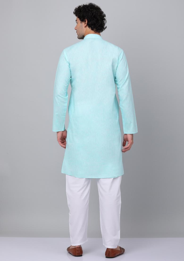 Blue Solid Linen Kurta For Men