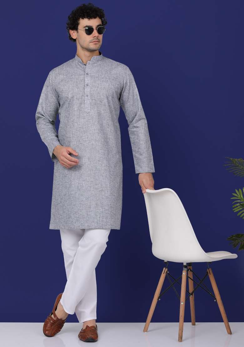 Grey Solid Linen Kurta For Men - Indya