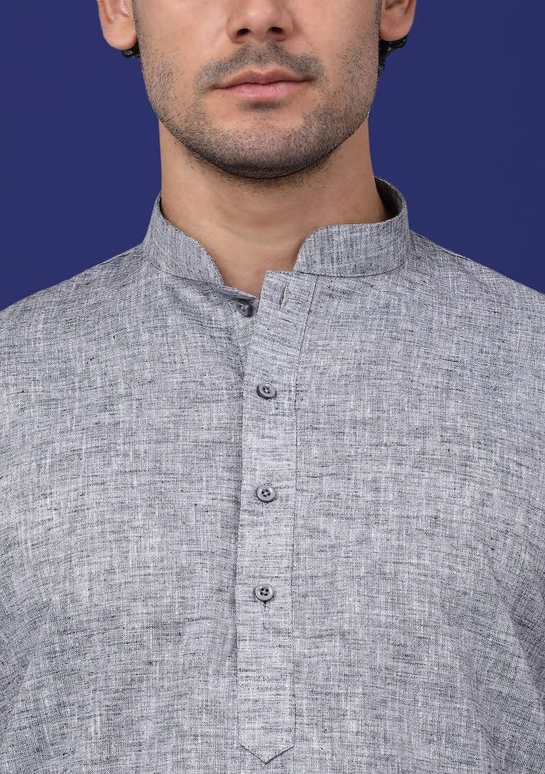 Grey Solid Linen Kurta For Men - Indya
