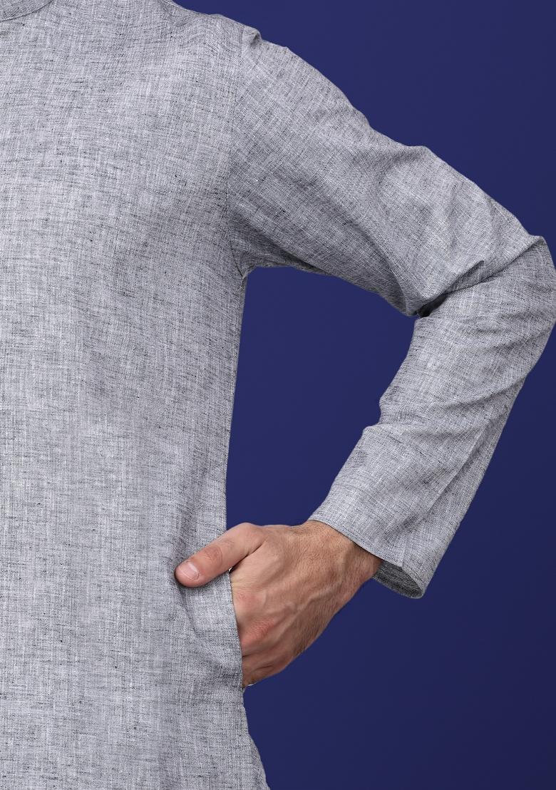Grey Solid Linen Kurta For Men