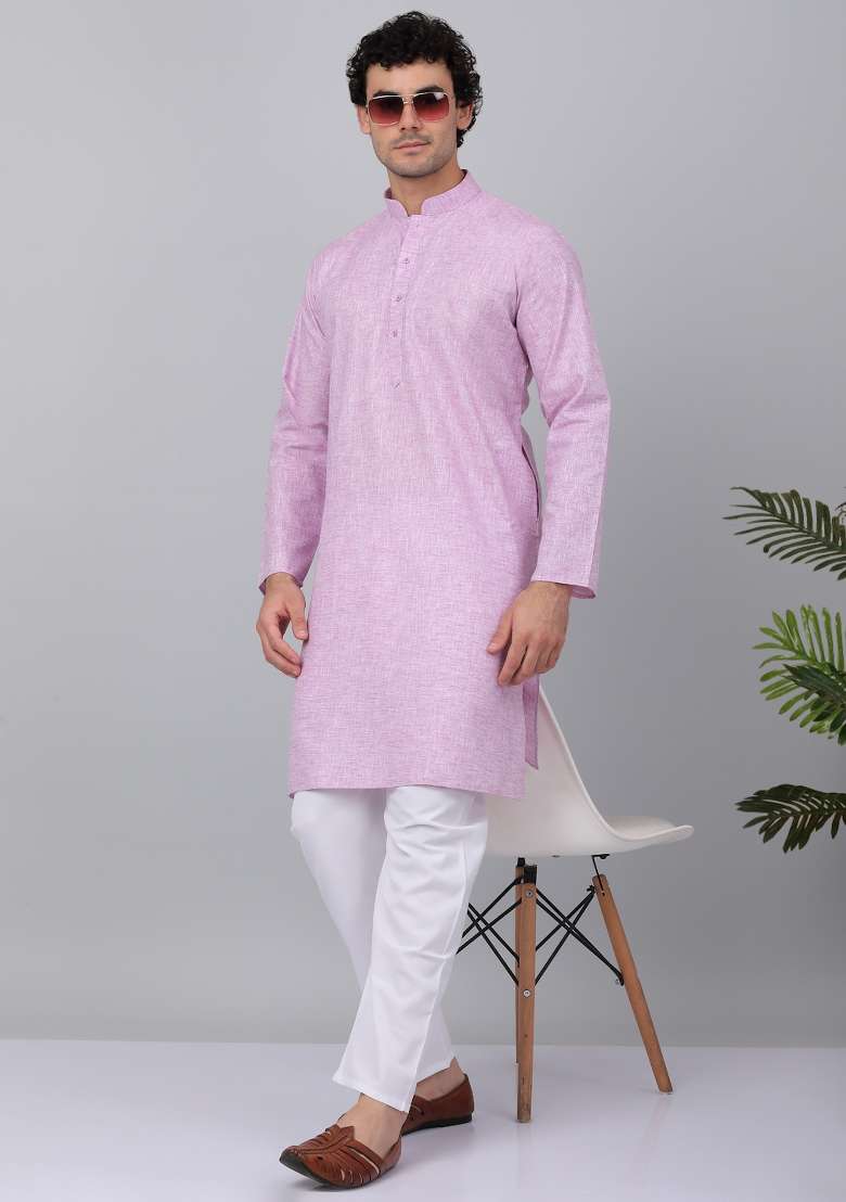 Purple Solid Linen Kurta For Men - Indya