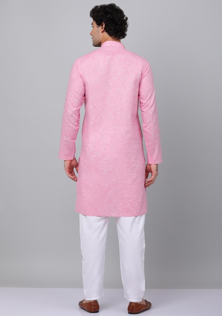 Pink Solid Linen Kurta For Men