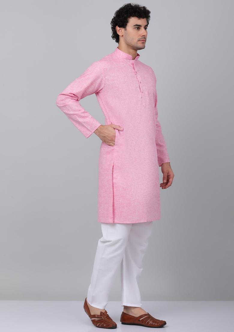 Pink Solid Linen Kurta For Men