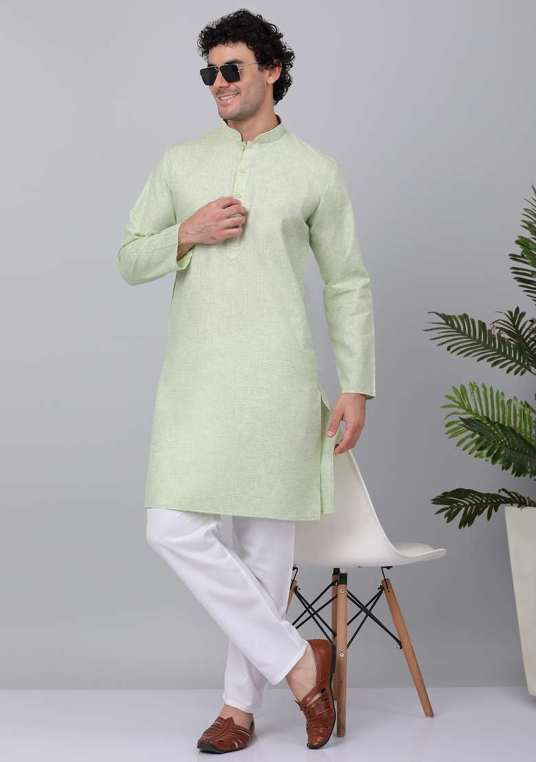 Green Solid Linen Kurta For Men - Indya