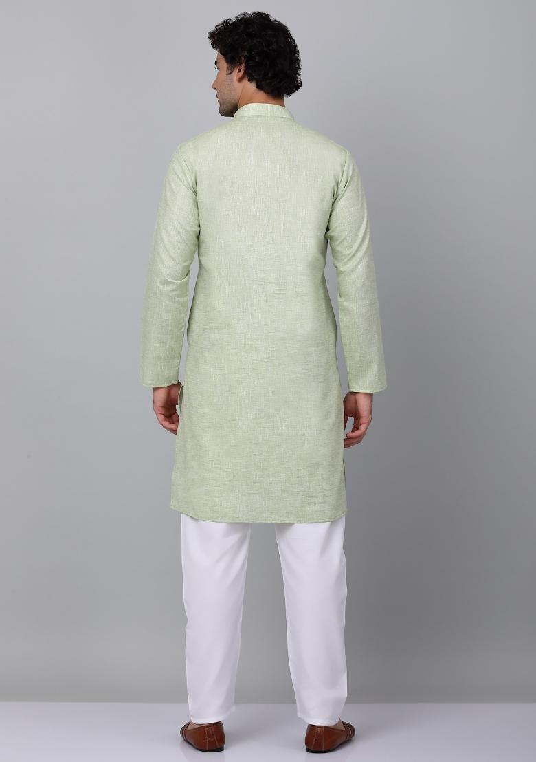 Green Solid Linen Kurta For Men