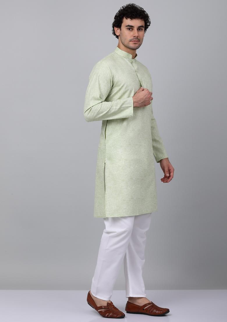 Green Solid Linen Kurta For Men
