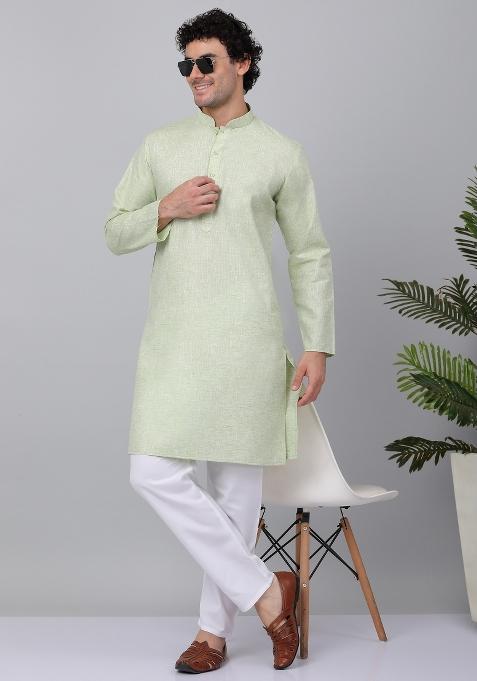 Green Solid Linen Kurta For Men