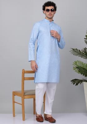 Blue Solid Linen Kurta For Men