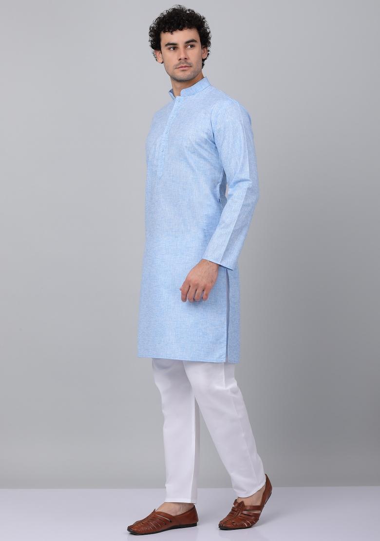 Blue Solid Linen Kurta For Men