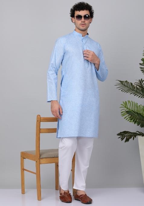 Blue Solid Linen Kurta For Men