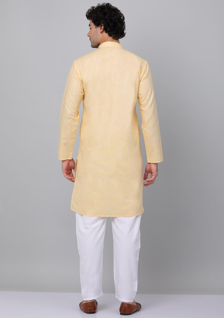 Yellow Solid Linen Kurta For Men