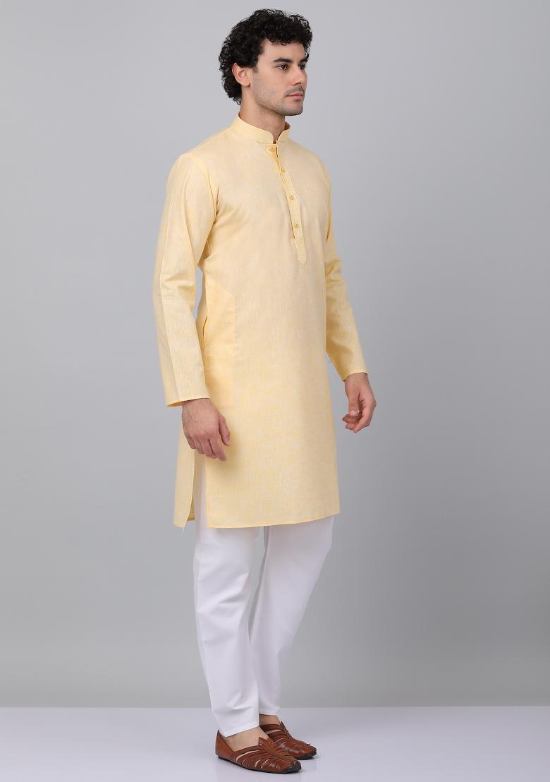 Yellow Solid Linen Kurta For Men