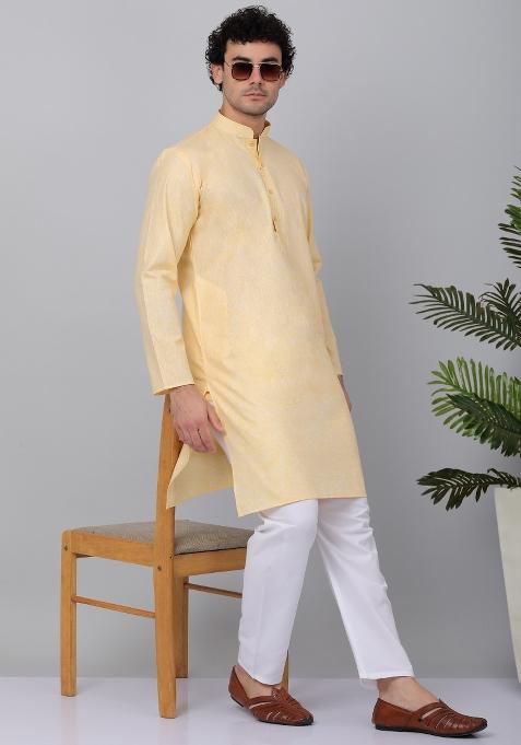 Yellow Solid Linen Kurta For Men