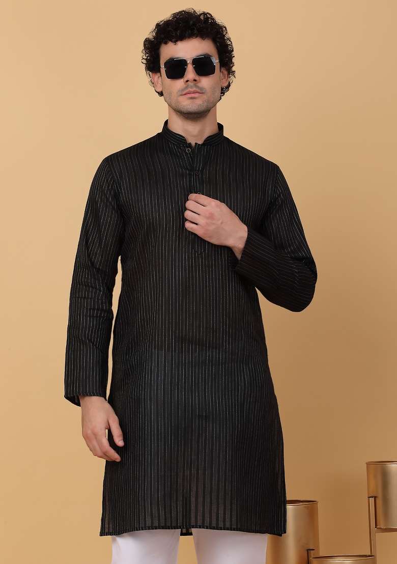 Black Striped Pure Cotton Kurta For Men - Indya