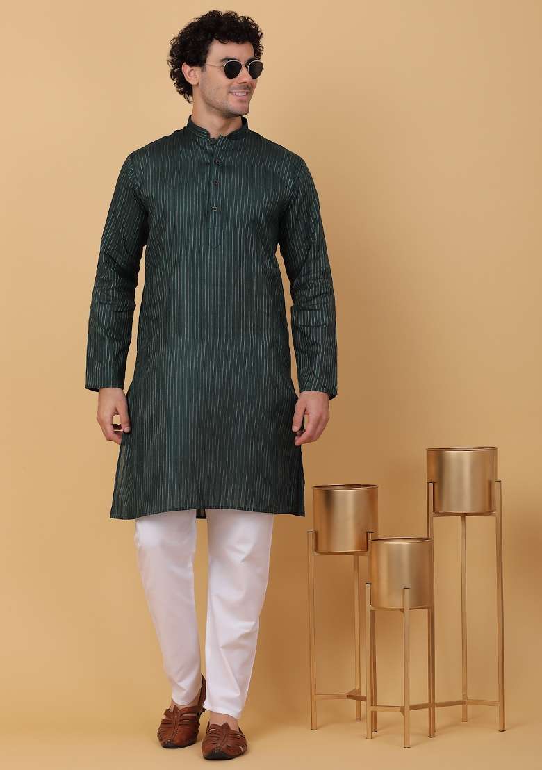 Green Striped Pure Cotton Kurta For Men - Indya
