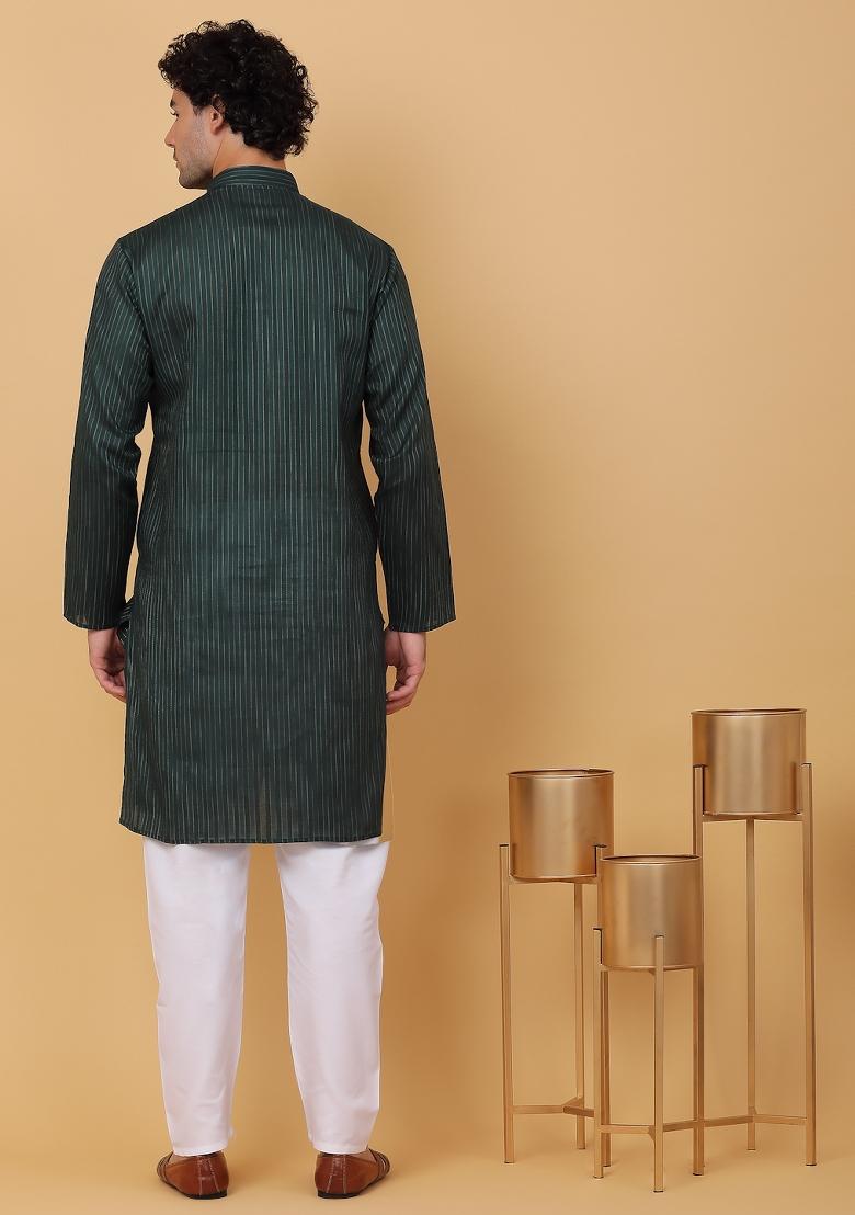 Green Striped Pure Cotton Kurta For Men