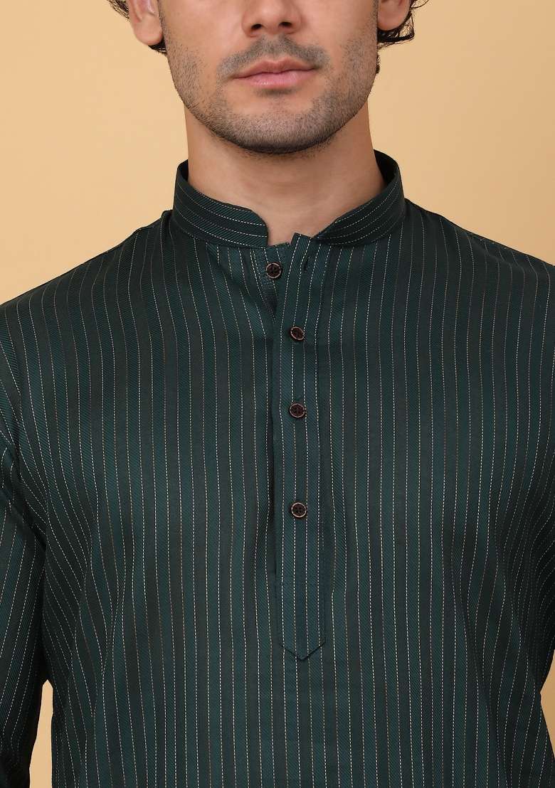 Green Striped Pure Cotton Kurta For Men - Indya