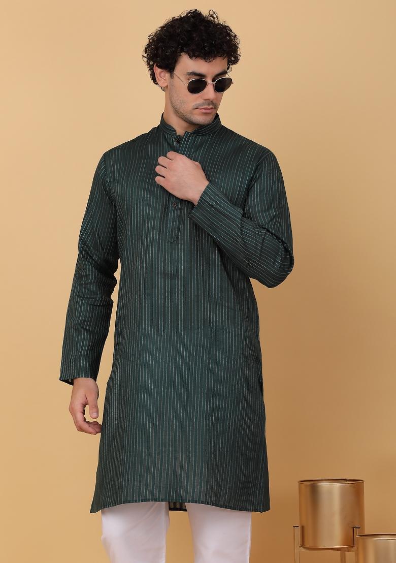 Green Striped Pure Cotton Kurta For Men