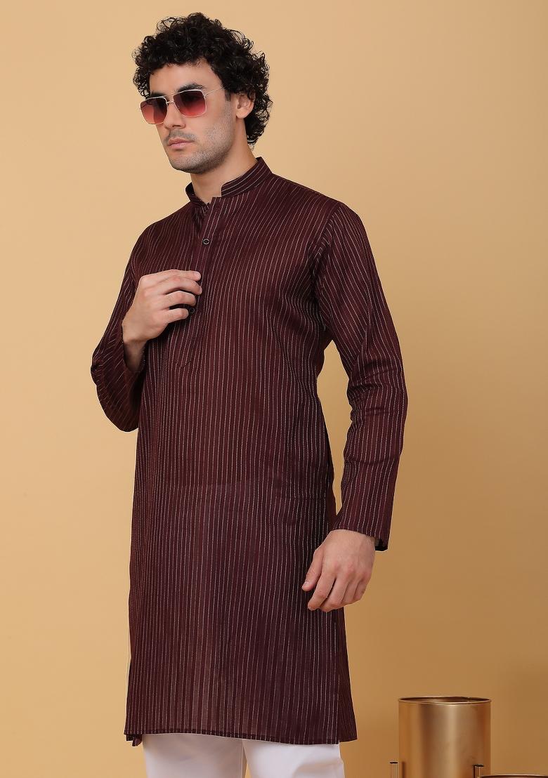 Maroon Striped Pure Cotton Kurta For Men