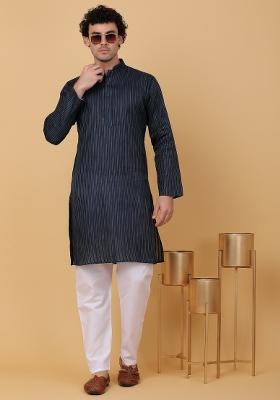 Navy Blue Striped Pure Cotton Kurta For Men