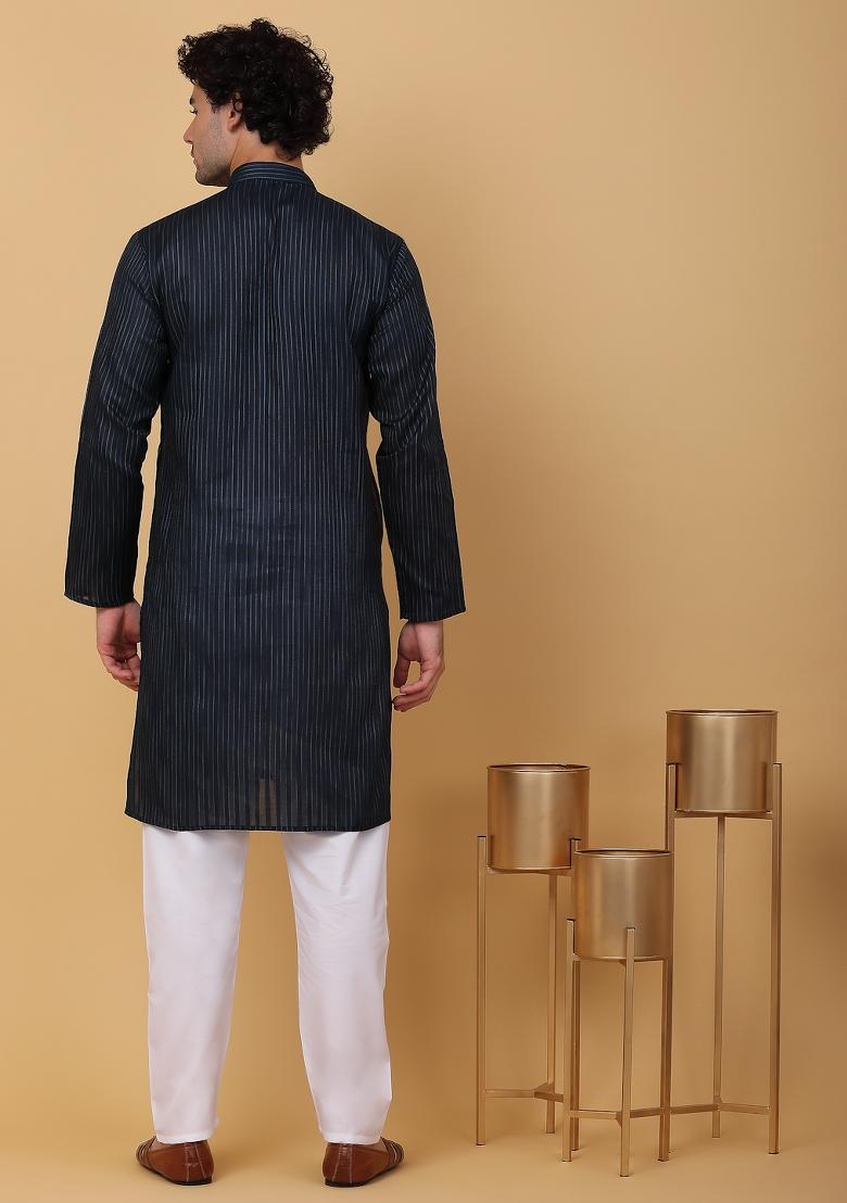 Navy Blue Striped Pure Cotton Kurta For Men