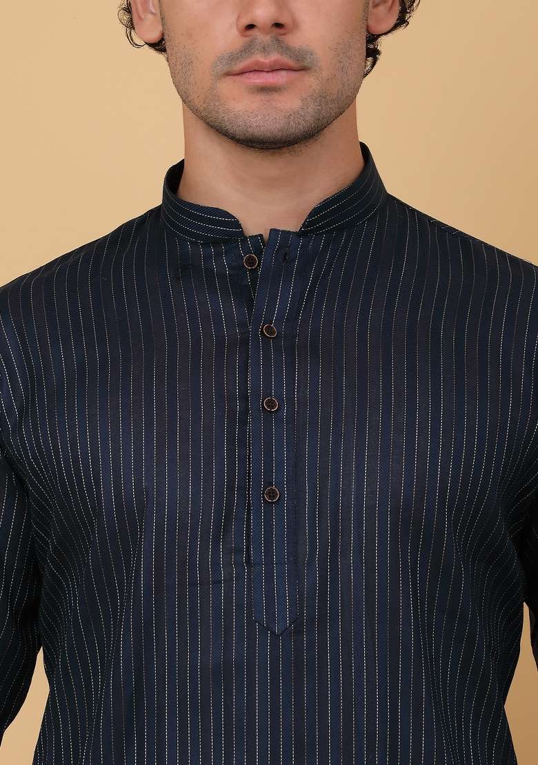 Navy Blue Striped Pure Cotton Kurta For Men - Indya