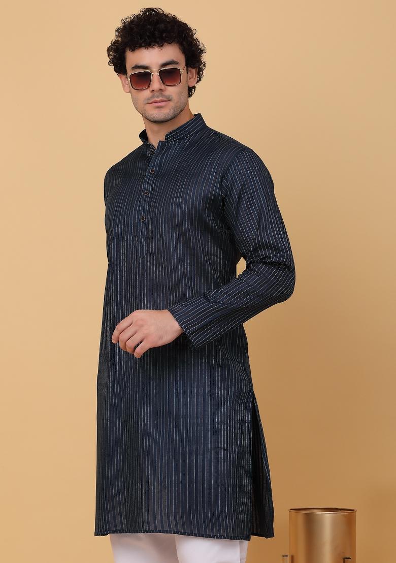 Navy Blue Striped Pure Cotton Kurta For Men