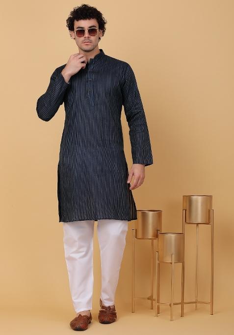 Navy Blue Striped Pure Cotton Kurta For Men