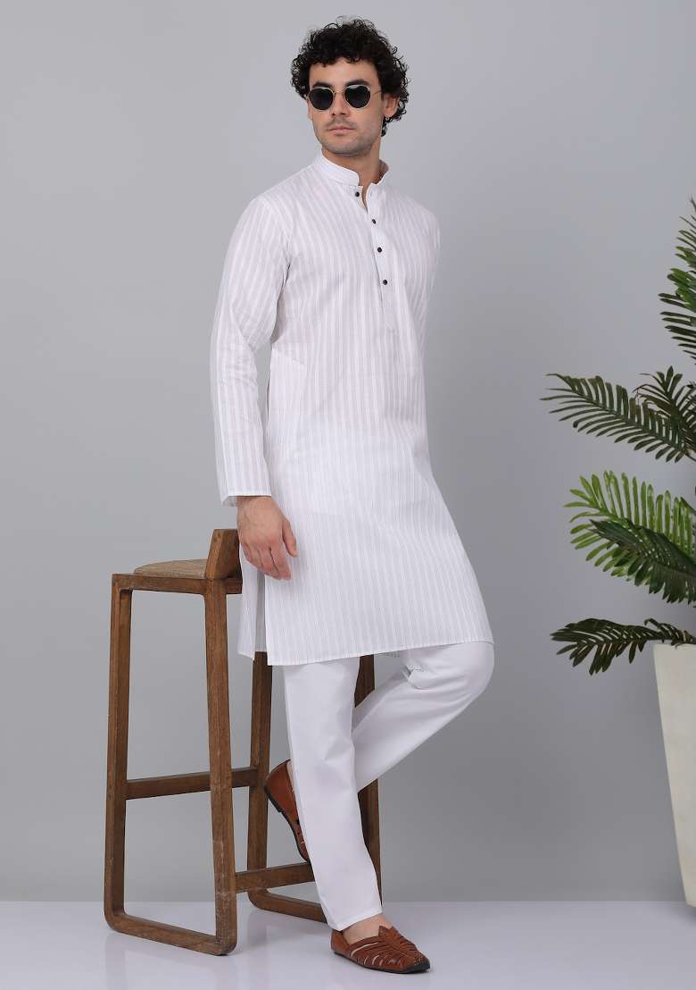 White Striped Pure Cotton Kurta For Men - Indya