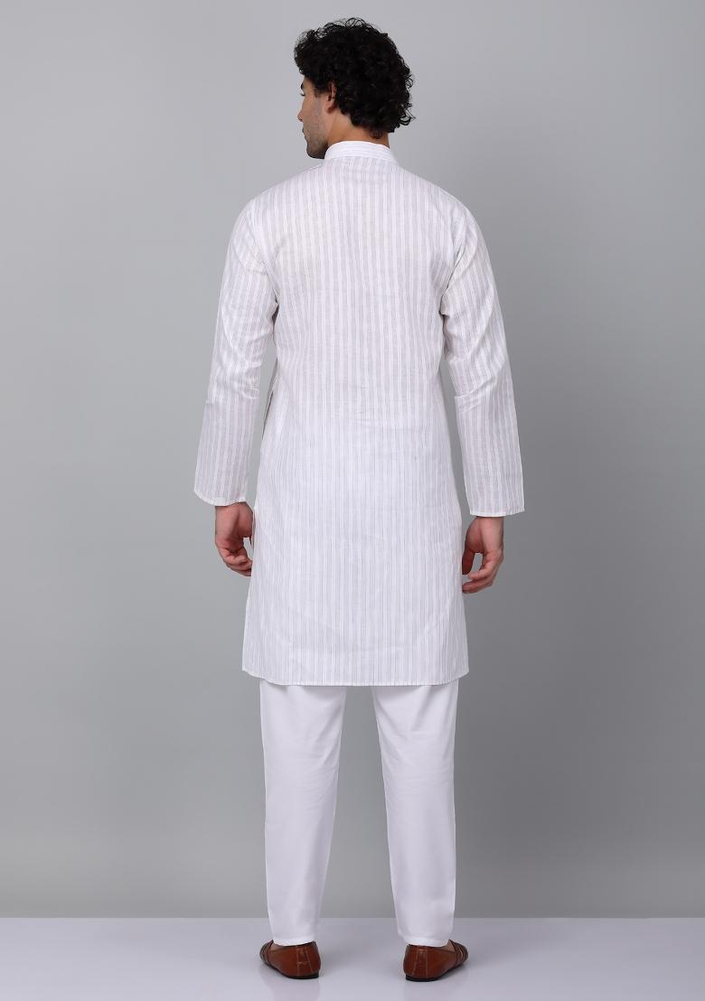 White Striped Pure Cotton Kurta For Men