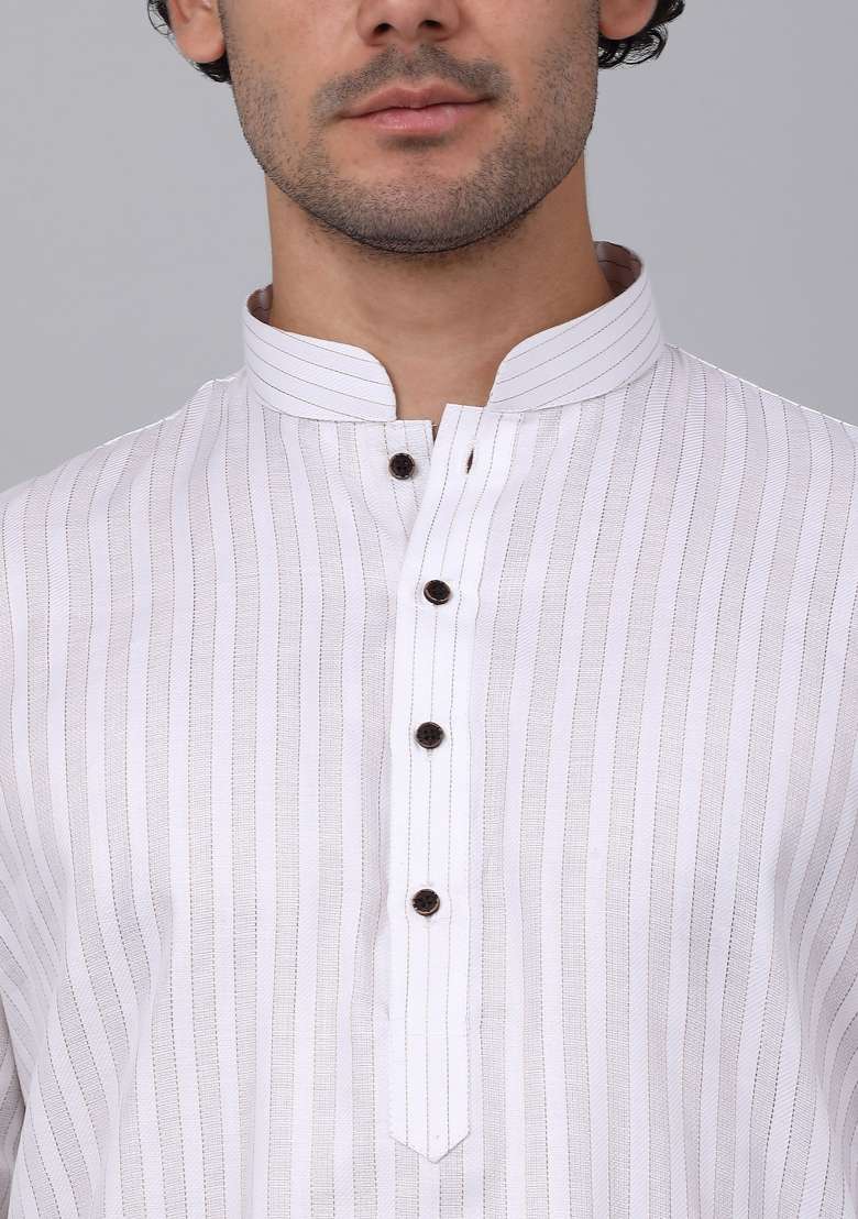 White Striped Pure Cotton Kurta For Men - Indya