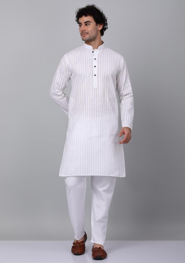 White Striped Pure Cotton Kurta For Men