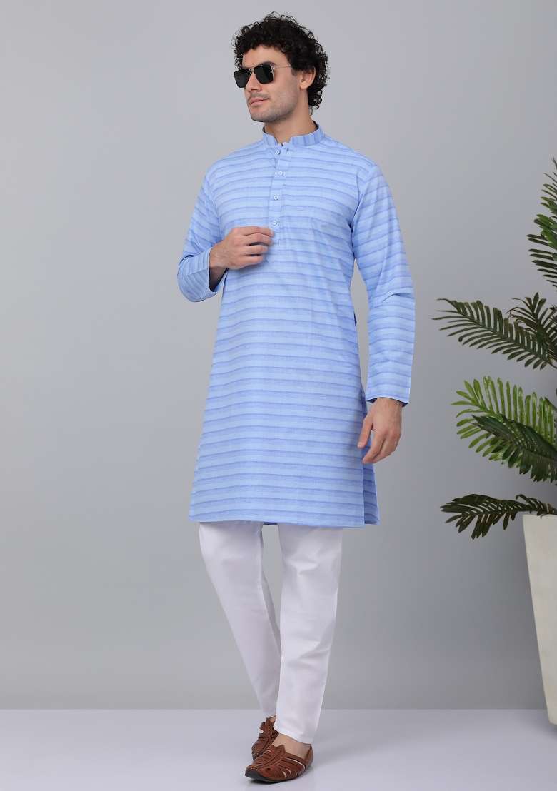 Blue Striped Pure Cotton Kurta For Men - Indya