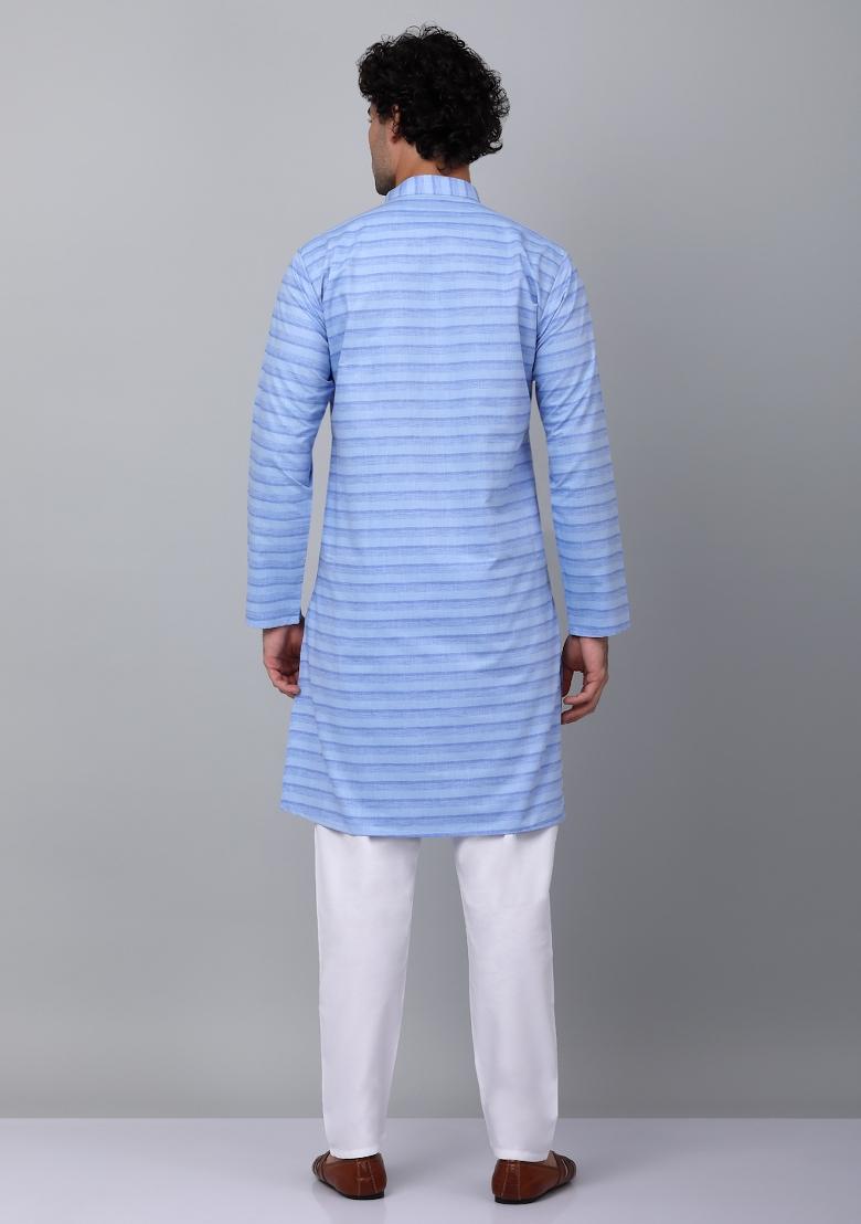 Blue Striped Pure Cotton Kurta For Men