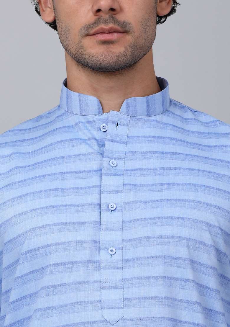 Blue Striped Pure Cotton Kurta For Men - Indya